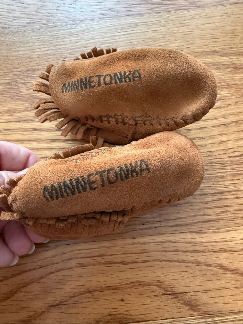 Minnetonka brown leather fringe baby moccasins 1